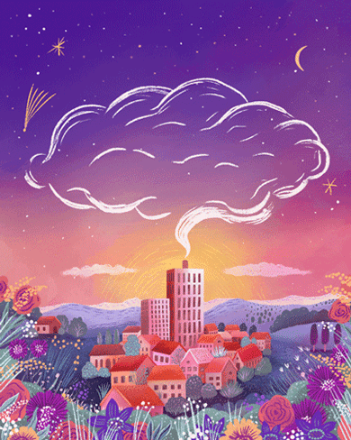 Illustrated gif animation of a city scene and shape shifting smoke on the theme home and displacemen