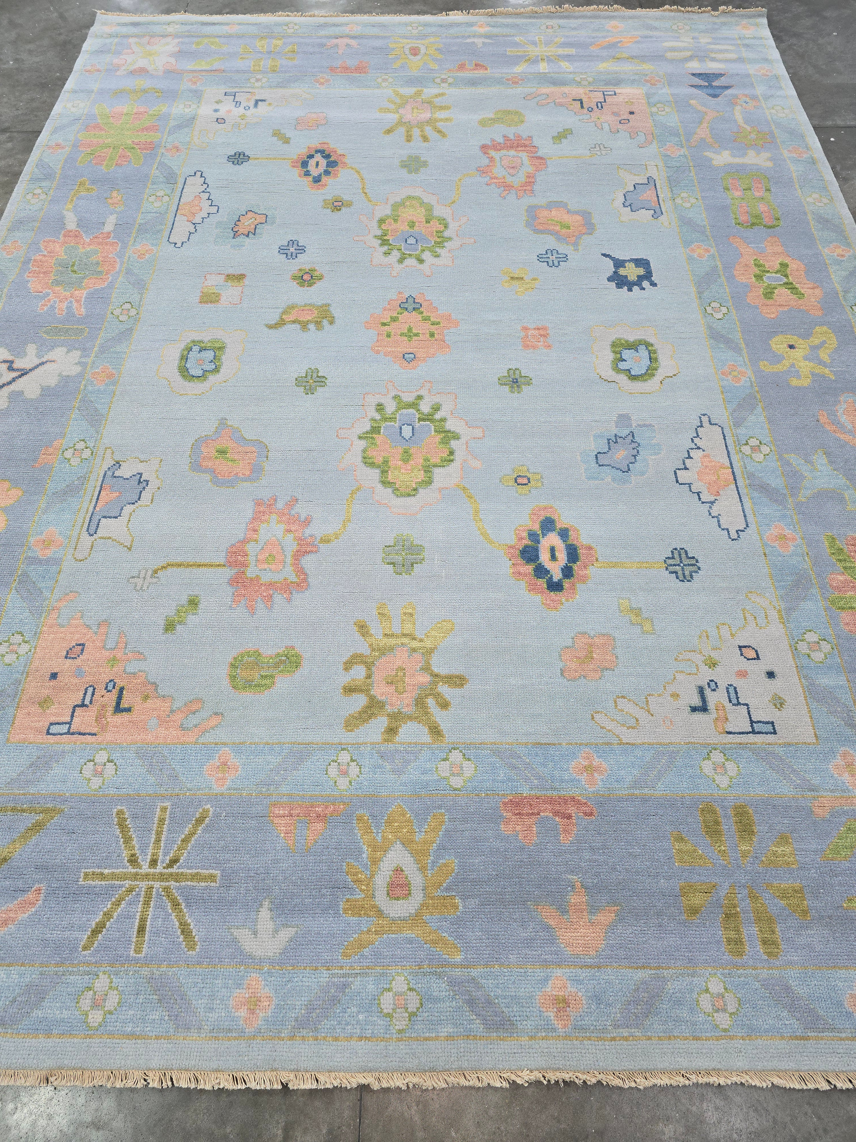 Whimsical Pastel Oushak Rug | Light Blue Boho Chic Wool Area Rug