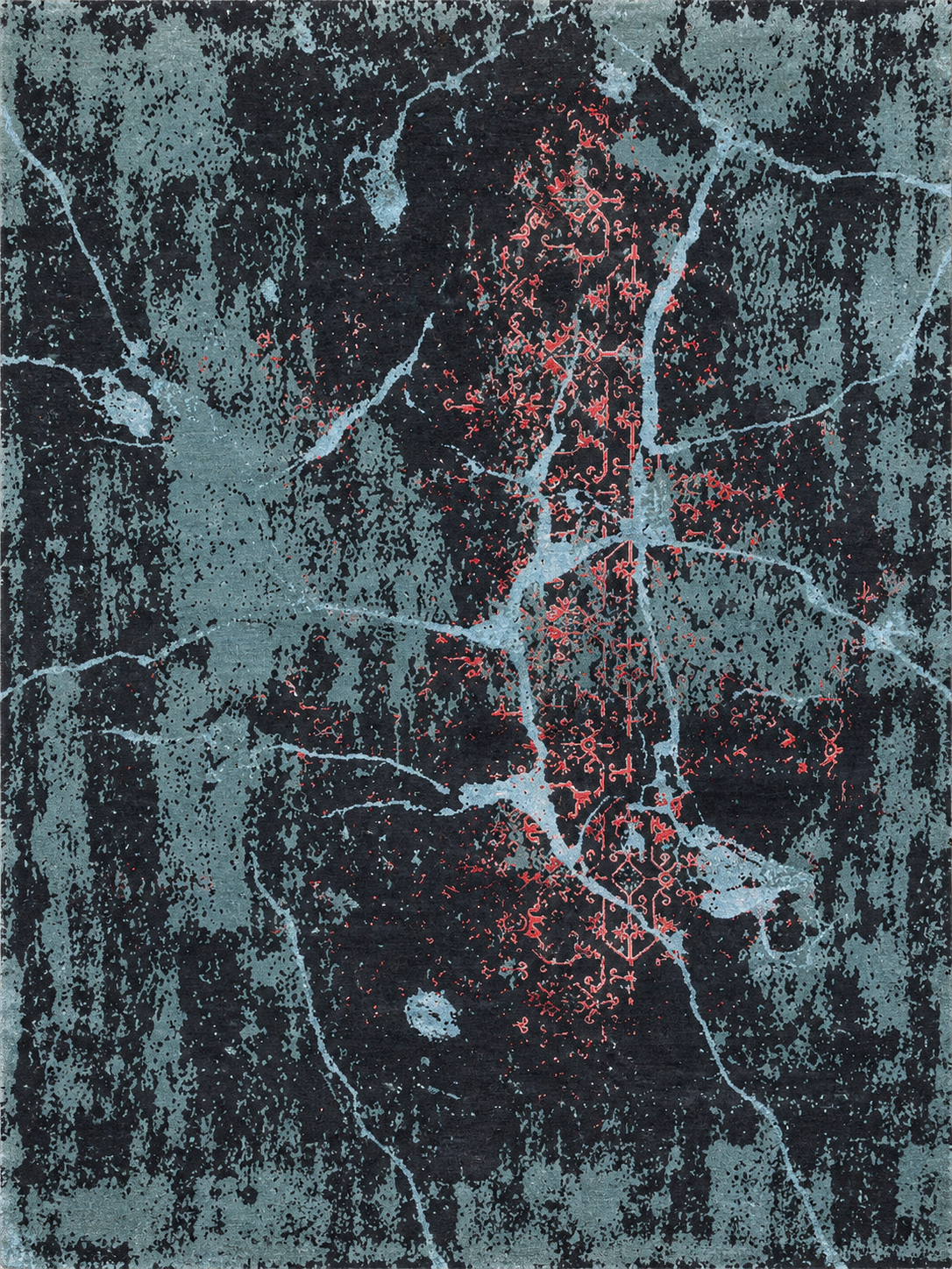 Modern Abstract Blue & Charcoal Hand Tufted Rug with Coral Accents