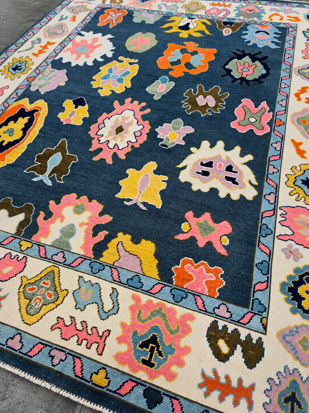Handmade Navy Blue Oushak Rug | Colorful Floral Turkish Wool Home Decor