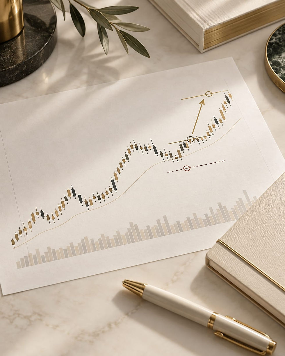 Analyse technique d'un graphique boursier ascendant sur papier.