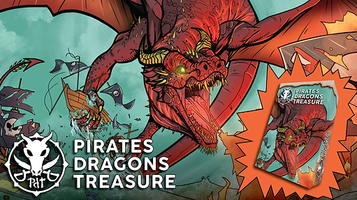 Picture of a red fire dragon, Pirates Dragons Treasure logo, and game box