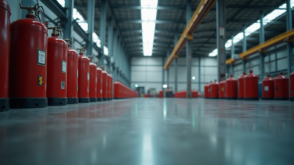 Eye-level view of industrial warehouse with fire safety equipment