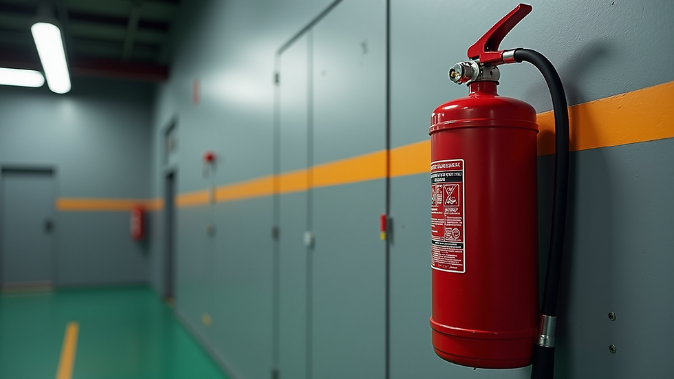 Close-up view of fire extinguisher mounted on industrial wall
