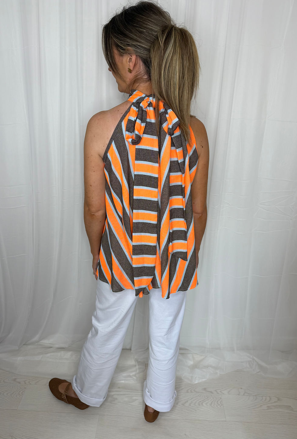 Thumbnail: Elma stripe halter neck top - ORANGE / BROWN 
