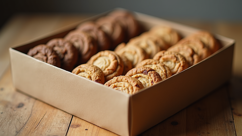 Eye-level view of a box of assorted gluten-free cookies on a wooden table