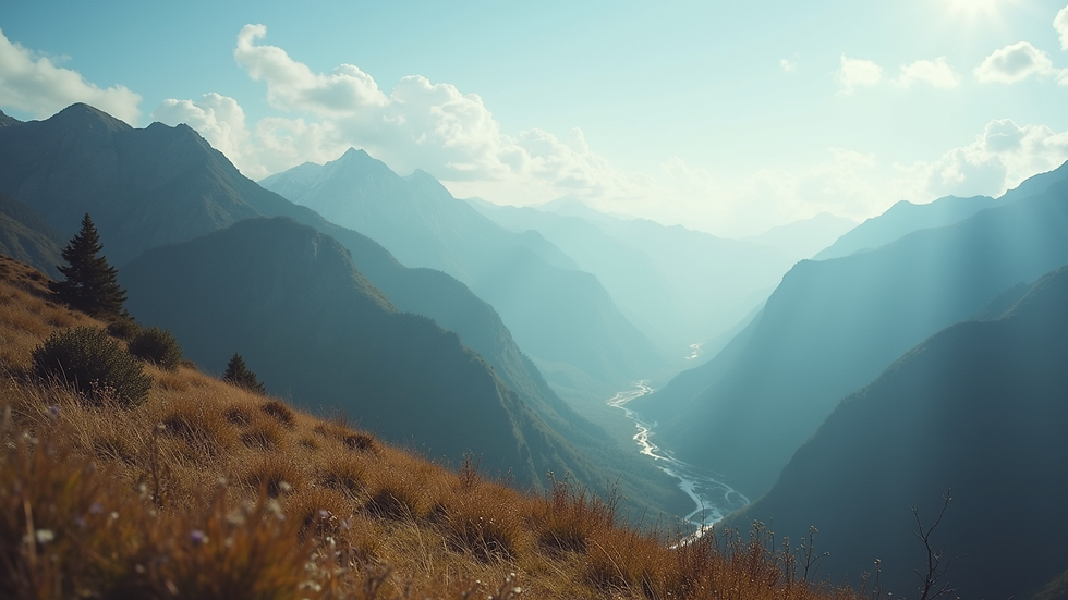 Eye-level view of a serene mountain landscape