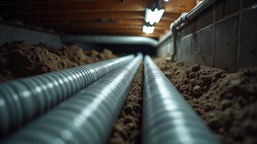 Close-up view of insulated pipes in a crawl space
