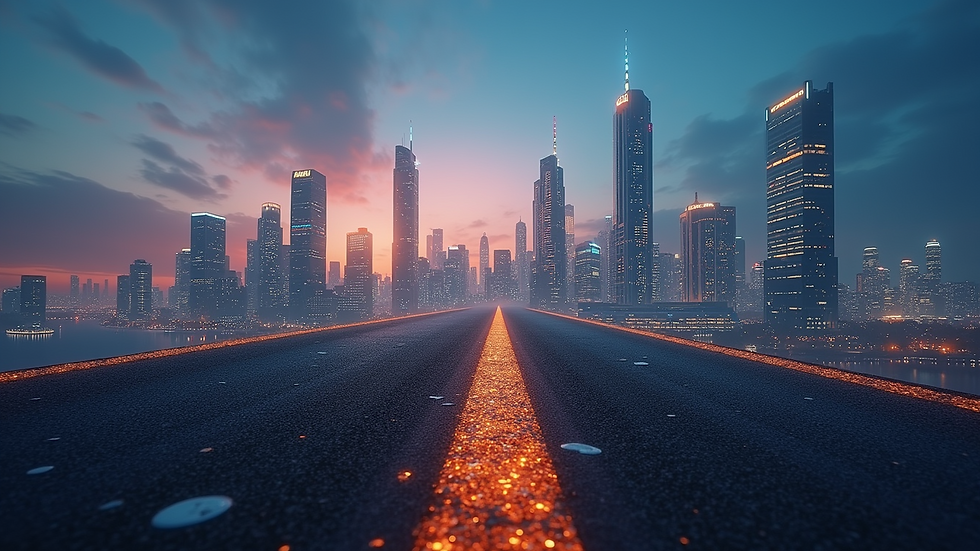 Eye-level view of a futuristic city skyline at dusk