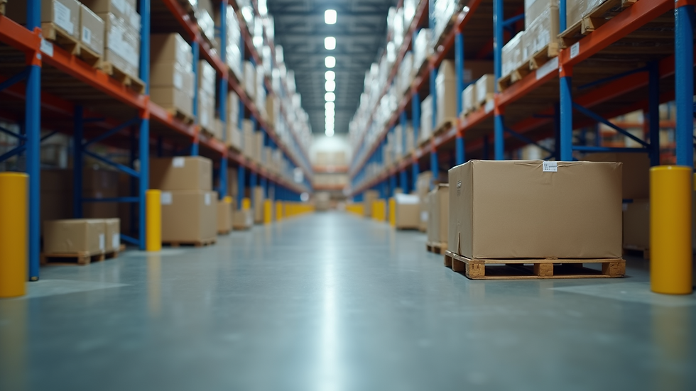 Eye-level view of a warehouse with automated sorting systems for logistics enhancement