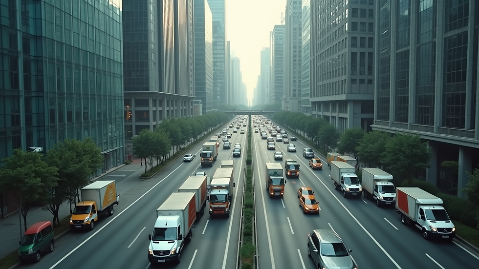 High angle view of a modern city with delivery trucks on the road