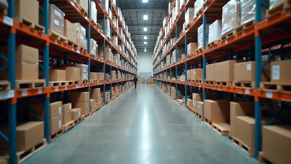 Eye-level view of a modern warehouse with organized inventory