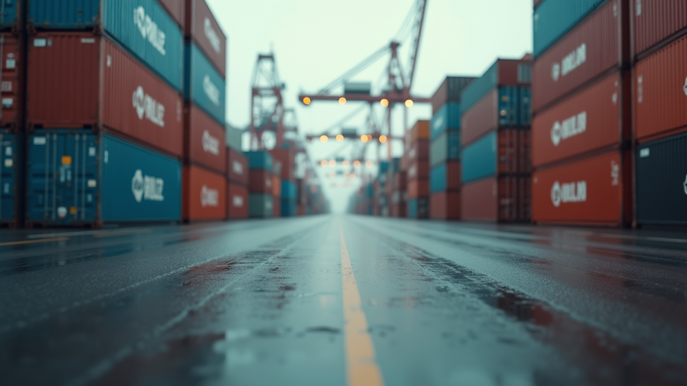Eye-level view of a shipping port with containers under surveillance