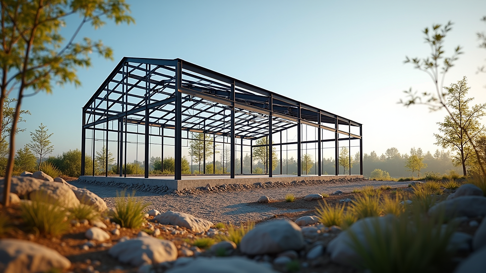 Eye-level view of a completed steel frame structure surrounded by landscaping