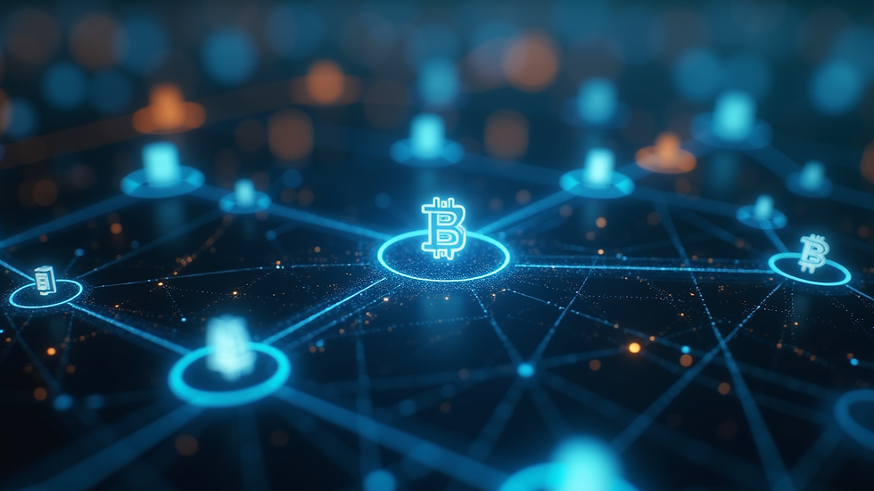 Close-up view of a digital representation of a blockchain network