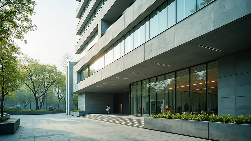 Wide angle view of a modern building with green certification signage