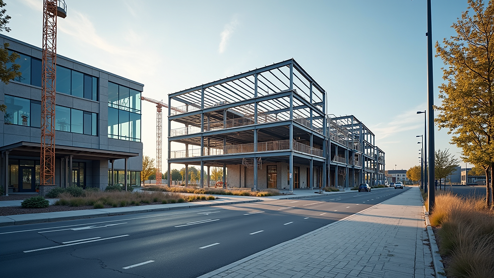 Wide angle view of a modern steel frame building under construction
