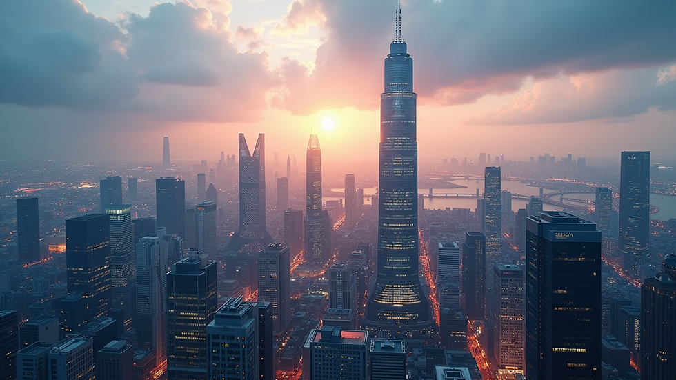 Eye-level view of a futuristic city skyline