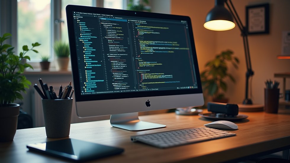 Eye-level view of a digital workspace with coding tools