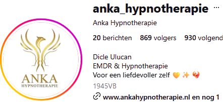 Instagram profiel Anka Hypnotherapie