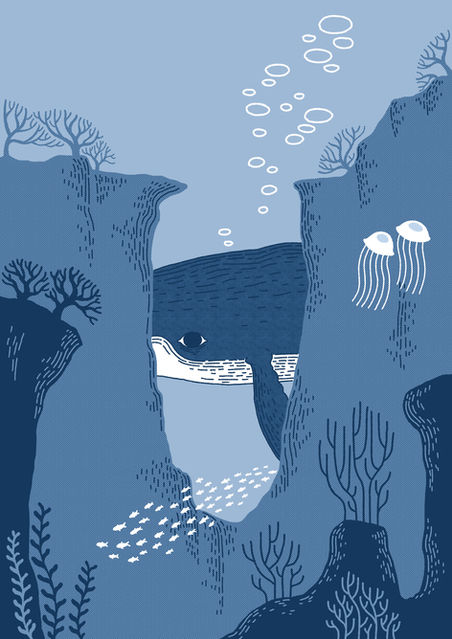 blue ocean with coral and humpback whale illutration poster on shades of blue bruna lennert illustrator