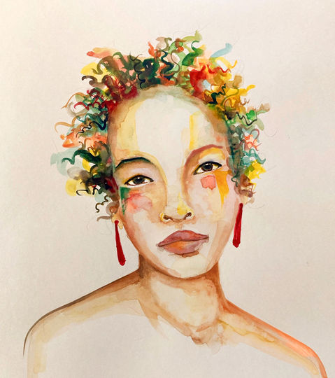 Zélie, portrait figuratif contemporain à l’aquarelle et à l’encre sur papier, explore l’émotion, la force intérieure et la délicatesse dans une composition colorée et vivante.