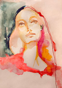 Portrait féminin à l'aquarelle et à l'encre sur papier kraft, dans un style art figuratif. Le visage regarde vers le haut, tandis que la peinture coule délicatement le long du cou, renforçant l'idée de flou et de rêve. Le regard porté au loin donne une sensation d'ampleur et de profondeur, invitant le spectateur à une contemplation silencieuse.
