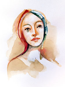 Portrait féminin contemporain, réalisé à l'encre et à l'aquarelle sur papier aquarelle. Cette œuvre s'inscrit dans l'art figuratif moderne, mettant en valeur la représentation sensible du visage féminin et l'expression de la rêverie et de la patience.
