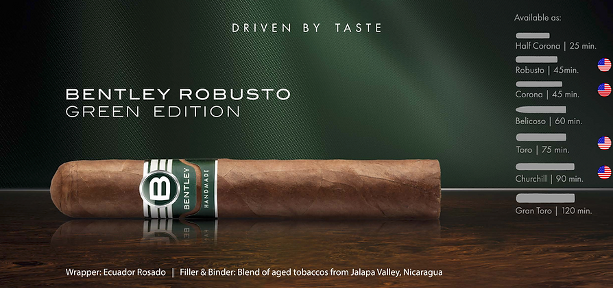 Close-up image of a premium Bentley cigar with a green label, showcasing its intricate details and luxurious craftsmanship.