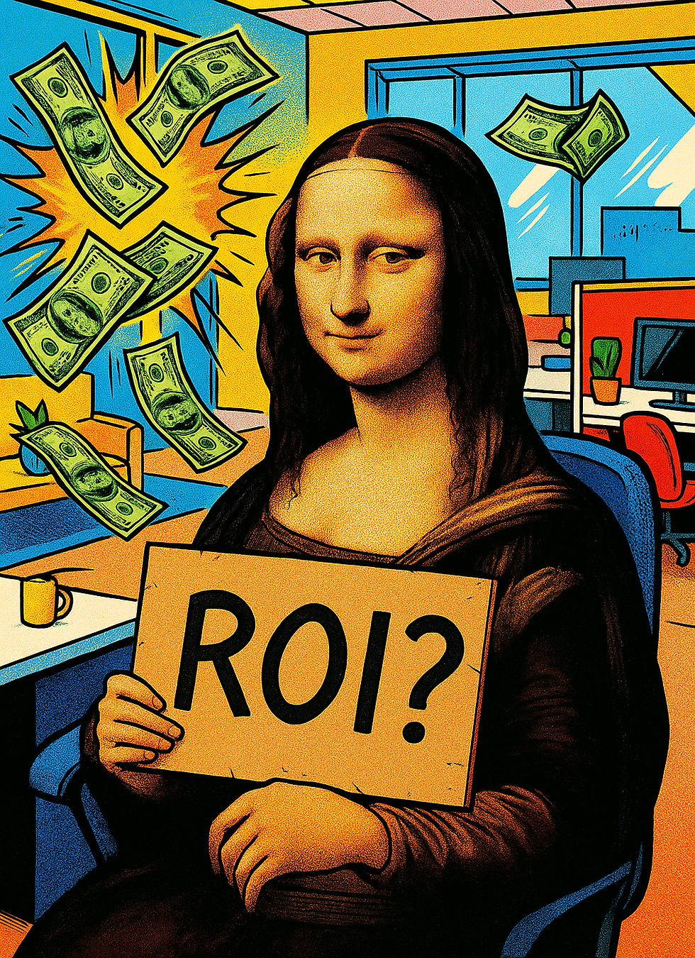 A stylized pop-art image of the Mona Lisa sitting in a modern office, holding a cardboard sign that reads “ROI?” while dollar bills fly around dramatically. The scene is colourful and exaggerated, with comic book-style effects.