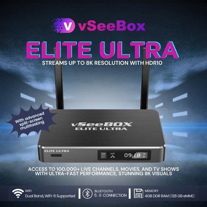 Front view of VseeBox V6 Elite Ultra IPTV box with LED display and Bluetooth remote