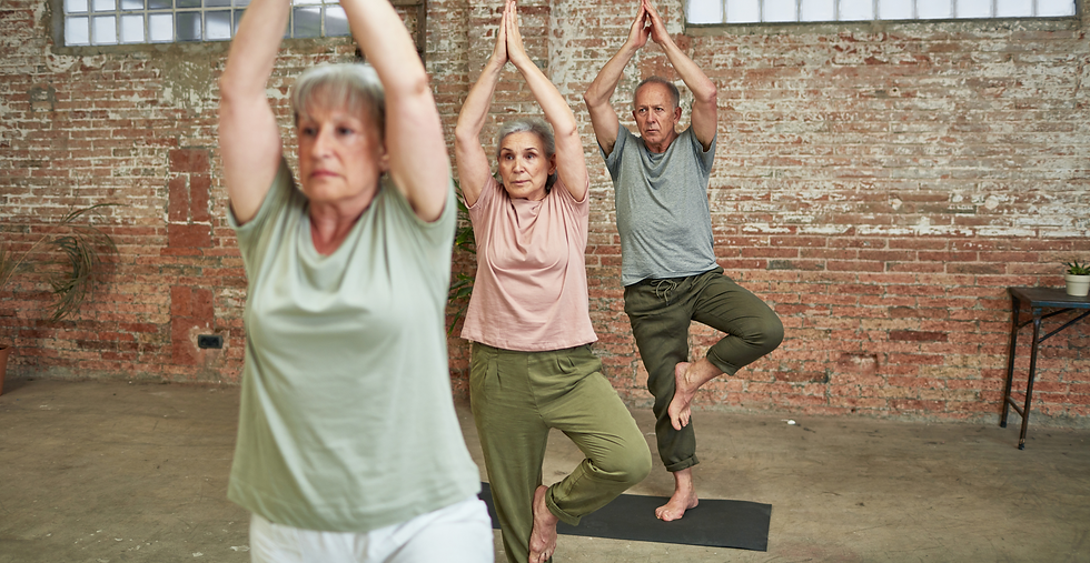 Seniors doing Tree Pose in Young Heart Yoga.