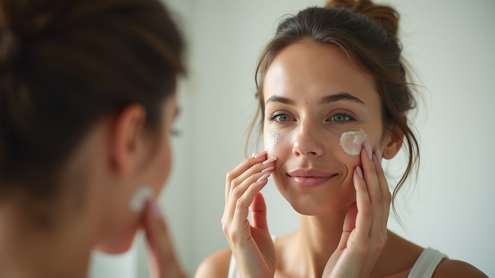 Close-up view of a woman applying moisturizer to her face