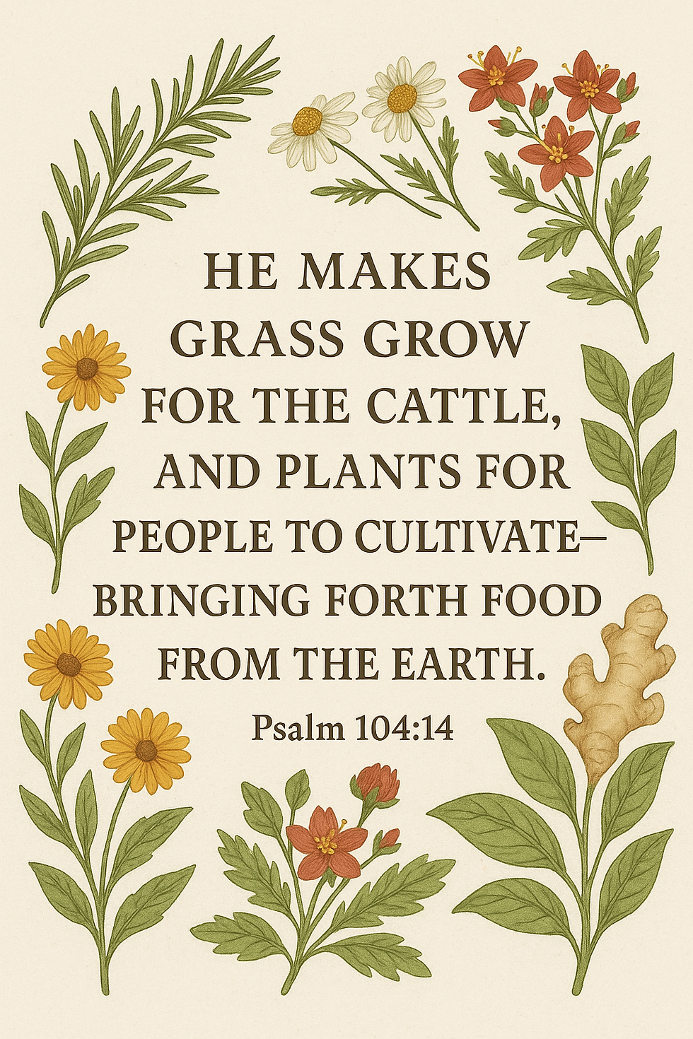 Picture of flowers and herbs with a scripture Psalm 104:14