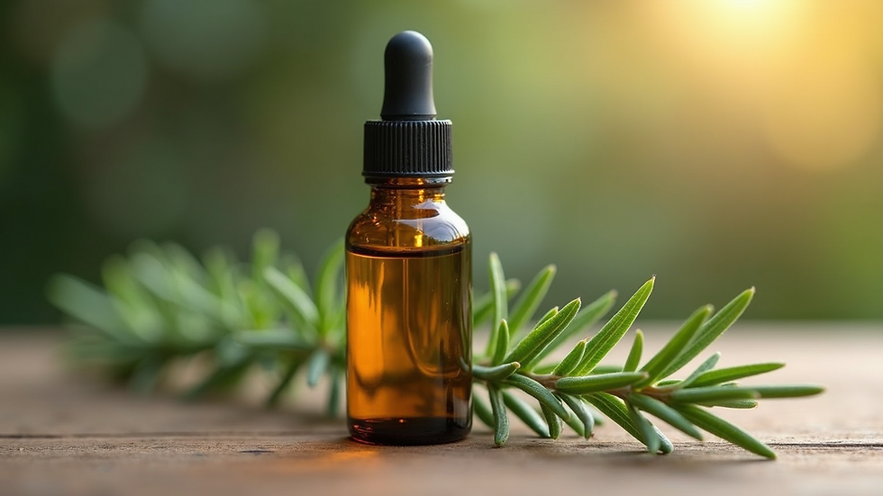 Close-up view of rosemary essential oil bottle with a sprig of rosemary