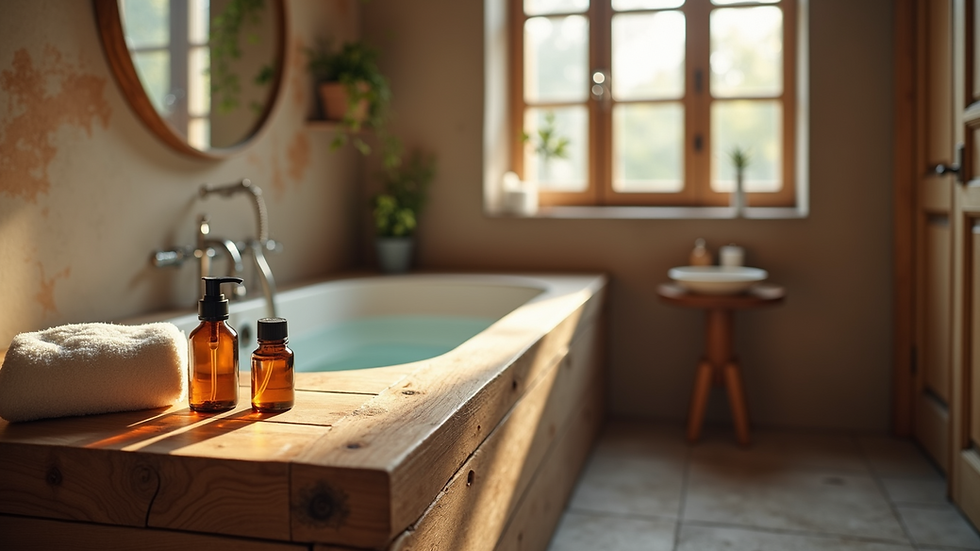 High angle view of a rustic bathroom with essential oils and bath accessories