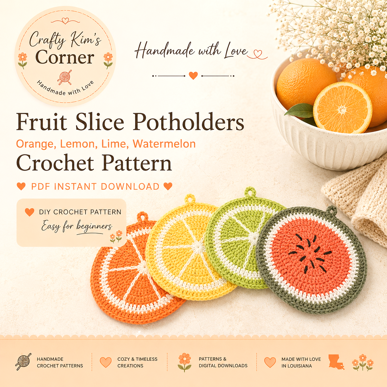 Fruit Slice Potholder Crochet Pattern Instant PDF Download