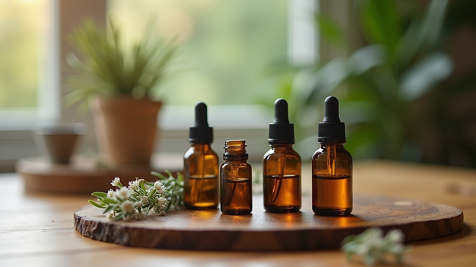 Eye-level view of essential oils arranged on a wooden table
