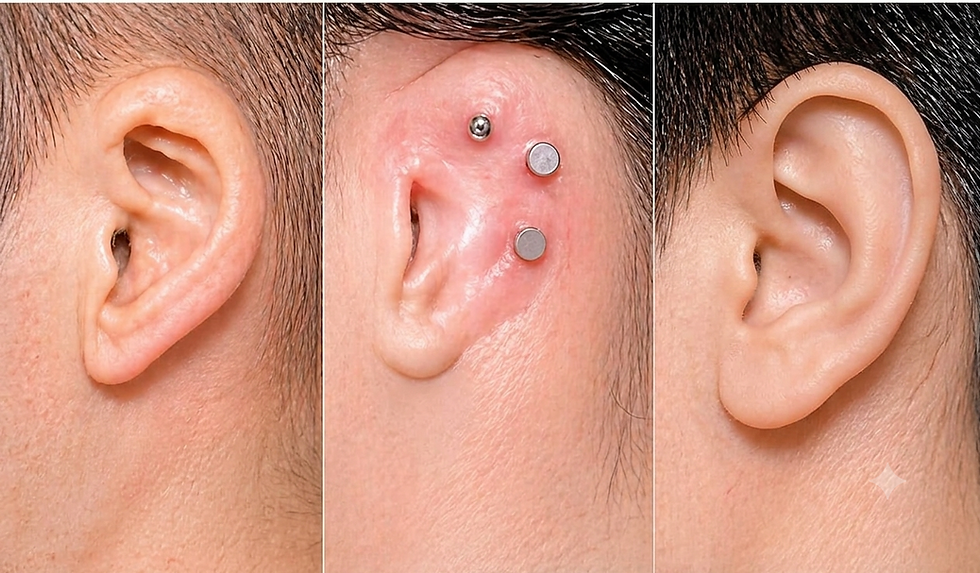 Before, during, and after views of an ear with osseointegrated implants for cosmetic restoration, medical close-up, landscape triptych composition.