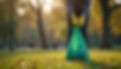 Partial view of person hands and legs and wearing yellow gloves and cleaning up litter in green bin bag in a park
