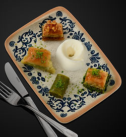 Per Order
Pistachio Dolama, Pistachio Special Baklava, Walnut Dolangir served with one slice of plain kesme ice cream, walnut & pistachio powder