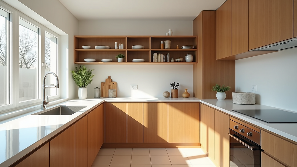 Eye-level view of a modern L-shaped kitchen with wooden cabinets and white countertops