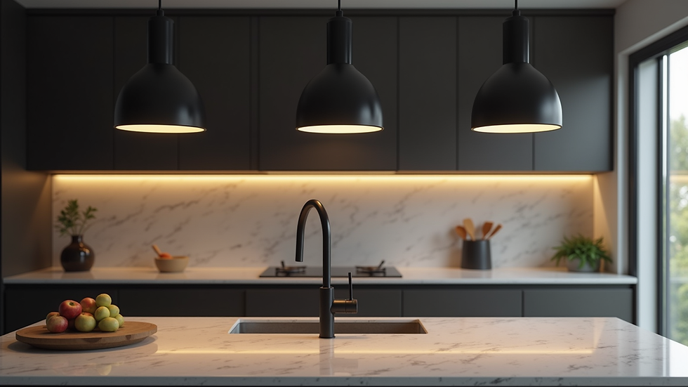 Eye-level view of black pendant lights over kitchen island