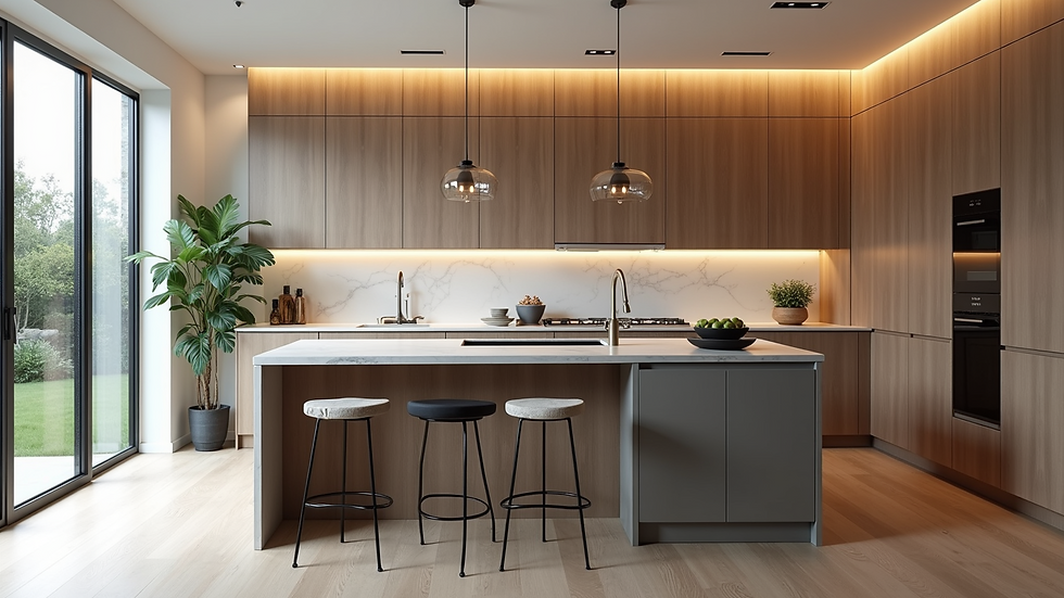 Eye-level view of a kitchen island with stylish seating and countertop