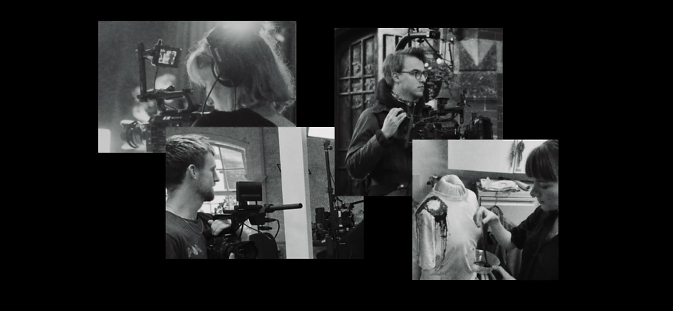 Black-and-white collage of film crew filming and applying makeup on a mannequin, with cameras and monitors in a studio.