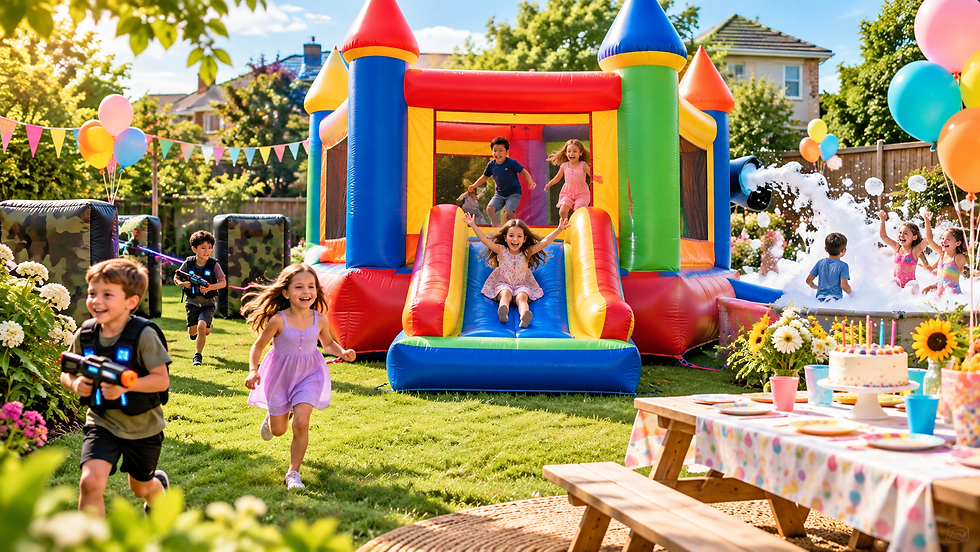 Backyard birthday party fun with bouncy castle, laser tag and foam activities.