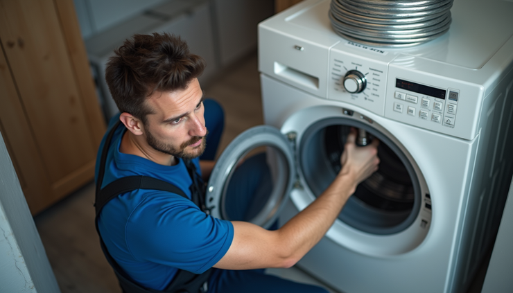 High angle view of a professional technician inspecting a dryer vent system