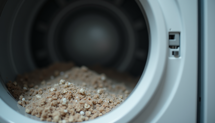 Close-up view of a dryer vent clogged with lint and debris