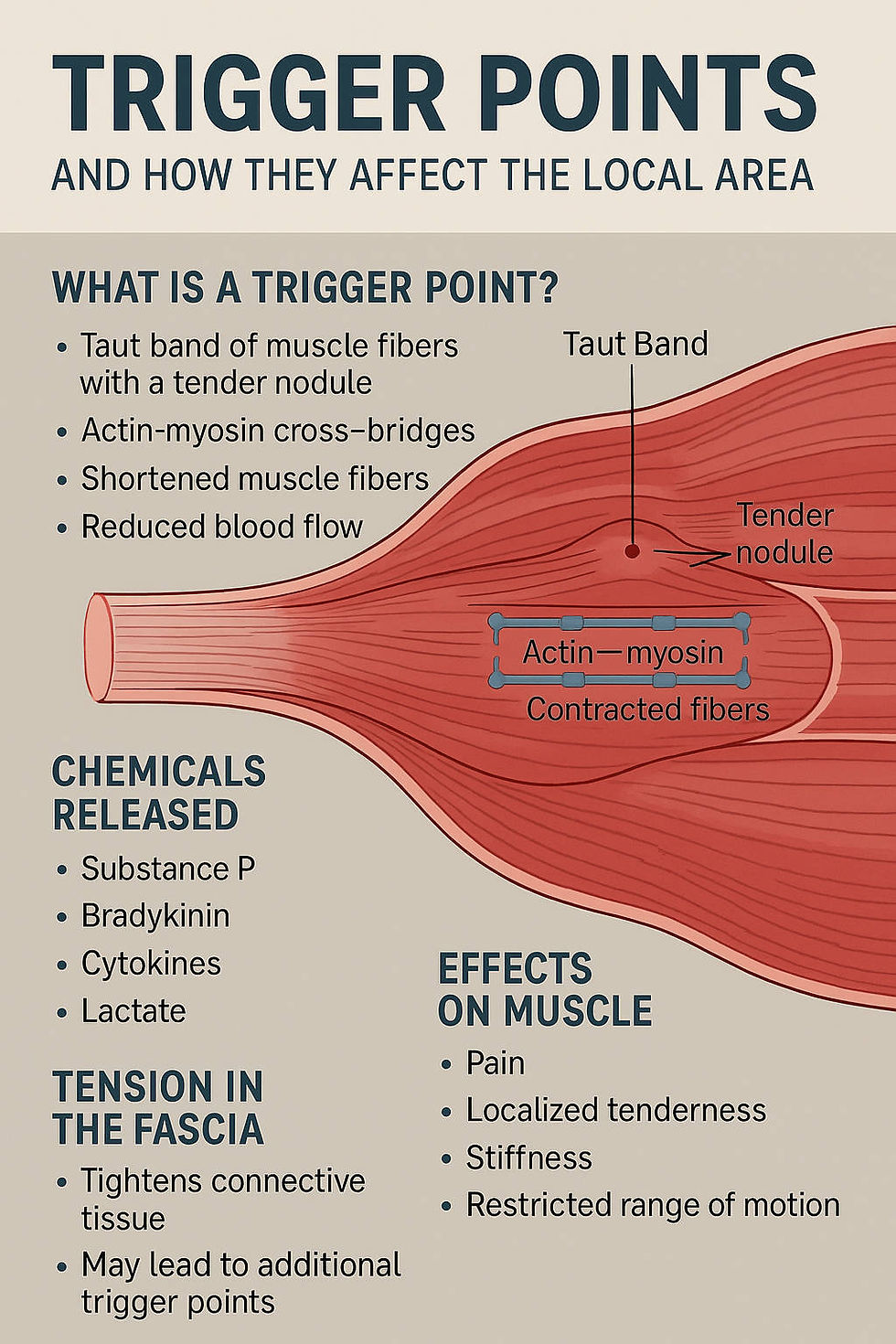 Infographic showing how trigger points cause local pain, fascia tension, chemical buildup, and nerve-like symptoms.