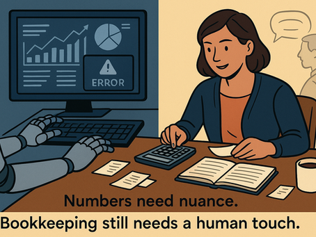 A split-screen illustration showing a robot typing at a computer with an error warning on the screen on the left, and a human bookkeeper using a calculator and paperwork with a coffee mug on the right. The background colors contrast cold blue on the AI side and warm beige on the human side. Caption reads: 'Numbers need nuance. Bookkeeping still needs a human touch.'